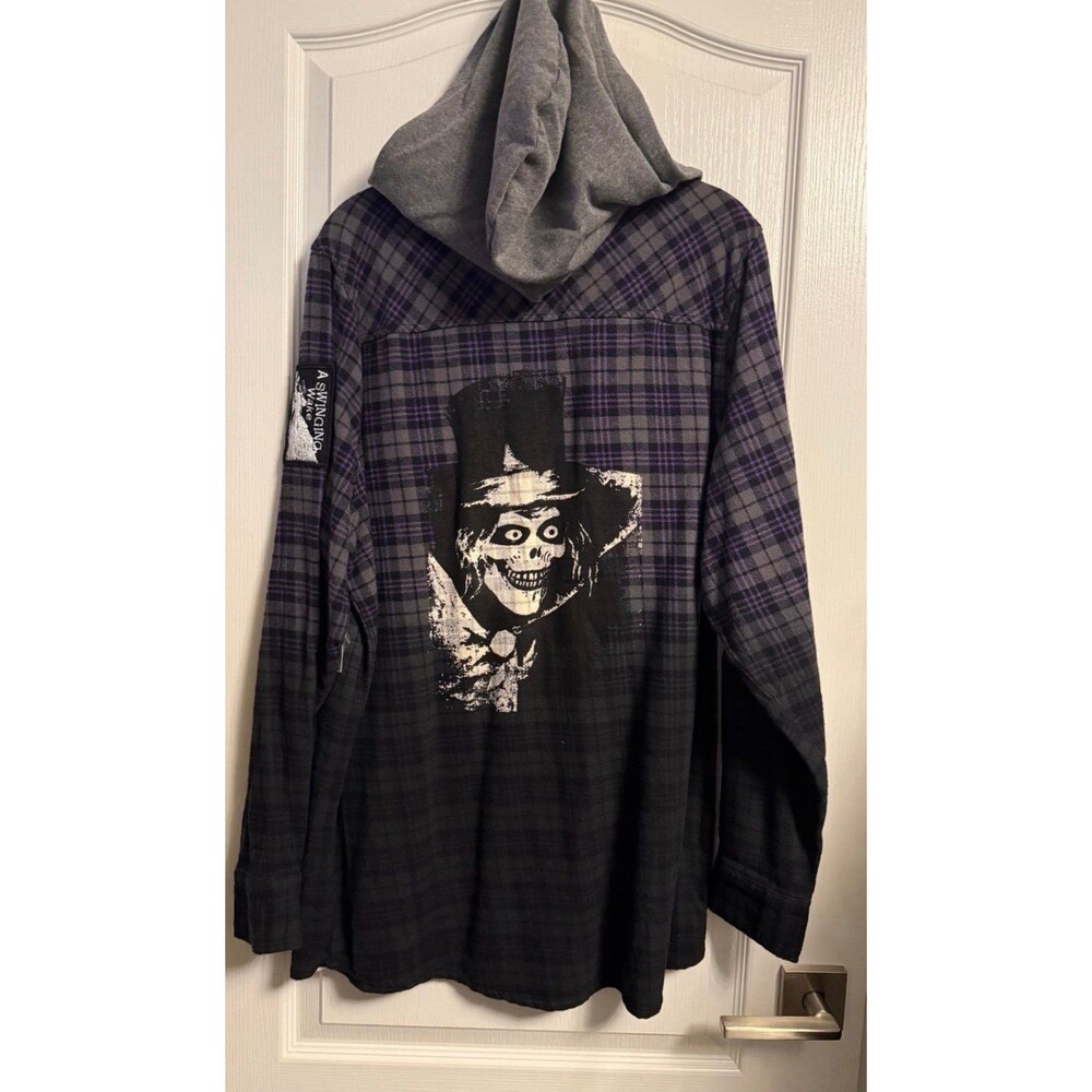 NEW Disney Haunted Mansion Purple Plaid Flannel Hatbox Ghost Host Shirt Medium